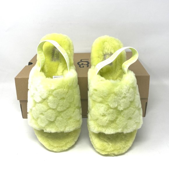 UGG Women Size 7 1118459 PLLN Fluff Yeah Poppy Yellow Pollen Fur Slides Slippers - Picture 2 of 10